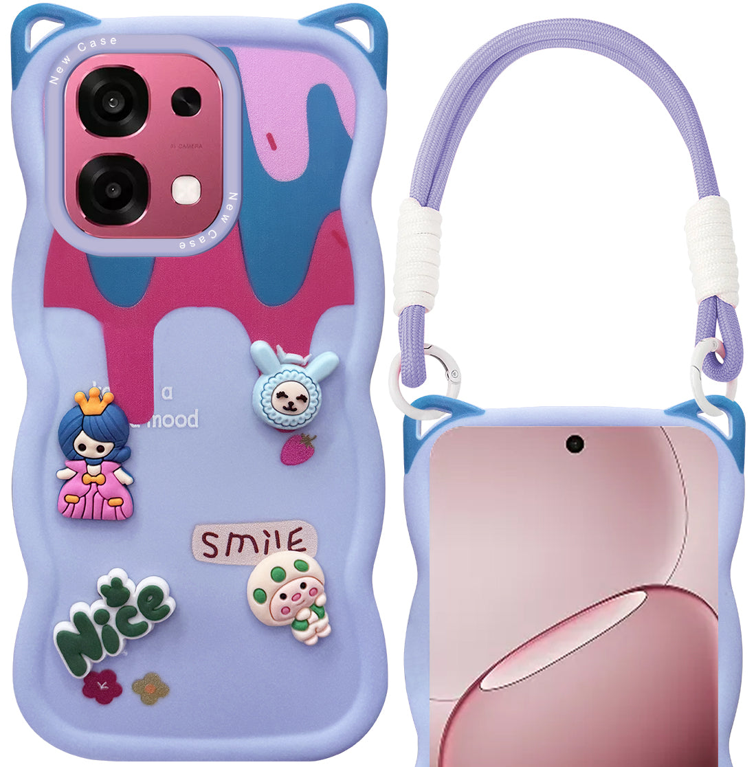 For Oppo F31 5G | Oppo F33 5G Back Case Cover Strap (3D embossed Figures | Strap Holder | 360* Soft Cushion with Camera Bump)