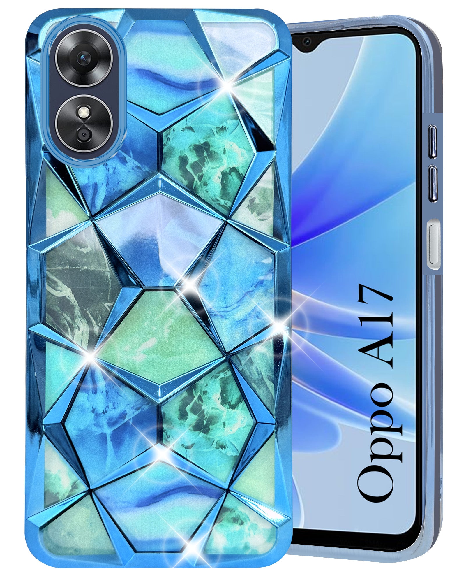 For Oppo A17 Back Cover Case Compatible 3D Silicone (Dual Design Glitter Sparkle and Detachable Diamond Print Case | Soft and Flexible)