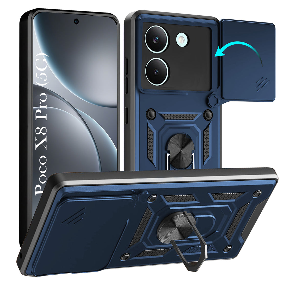 For Poco X8 Pro Back Cover Case Hybrid Armor (Sliding Shutter Camera Protection | Polycarbonate |Ring Holder Kickstand)