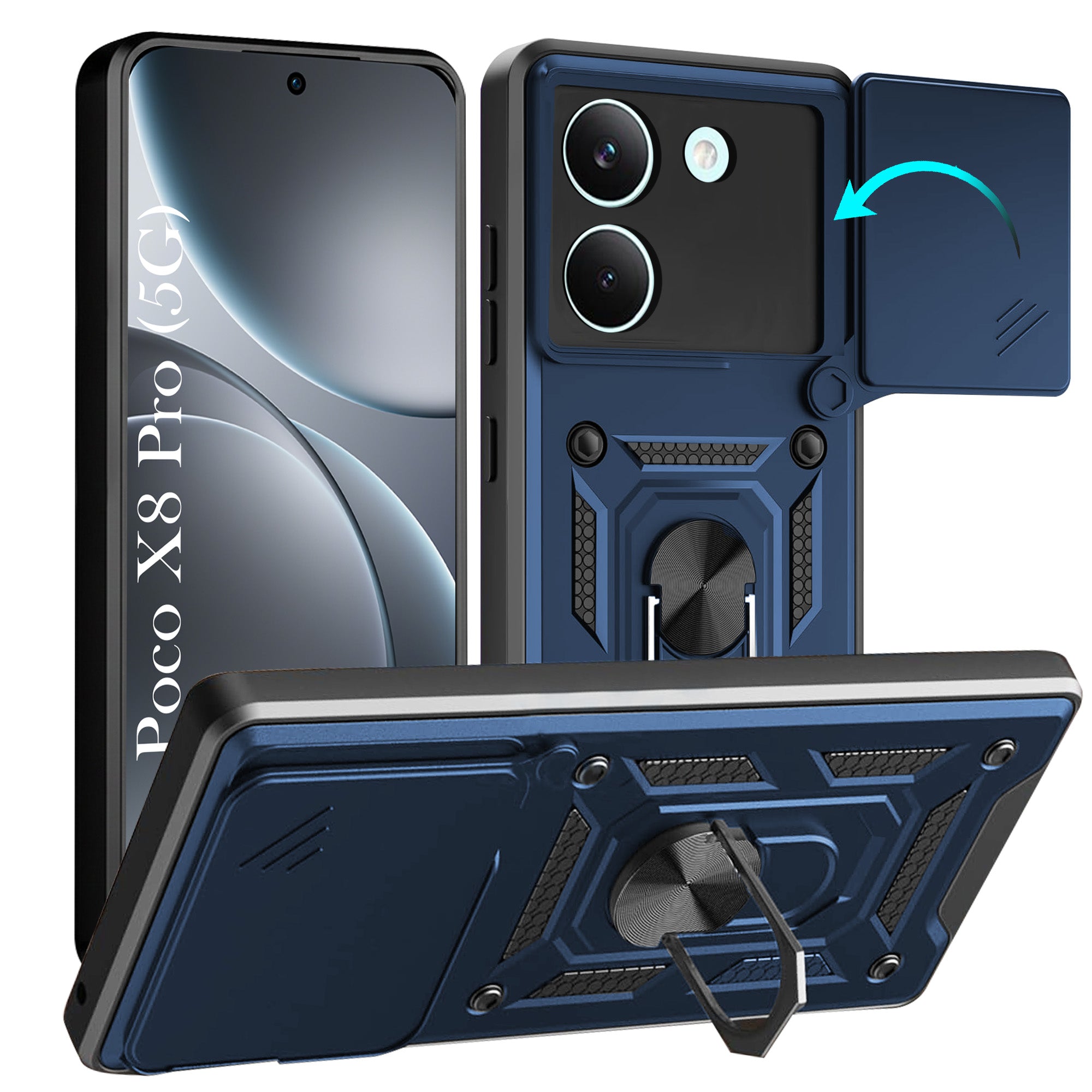 For Poco X8 Pro Back Cover Case Hybrid Armor (Sliding Shutter Camera Protection | Polycarbonate |Ring Holder Kickstand)