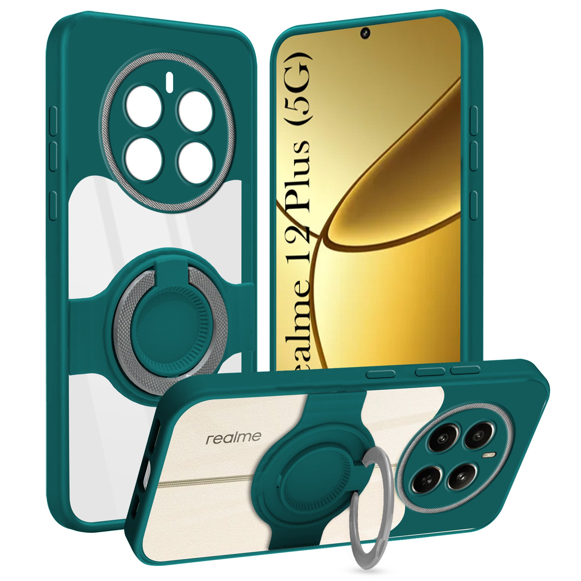 For Realme 12 Plus Back Cover Case with stand (Built-in Ring Holder Kickstand | Lifetime Anti Yellow | Camera Protection)