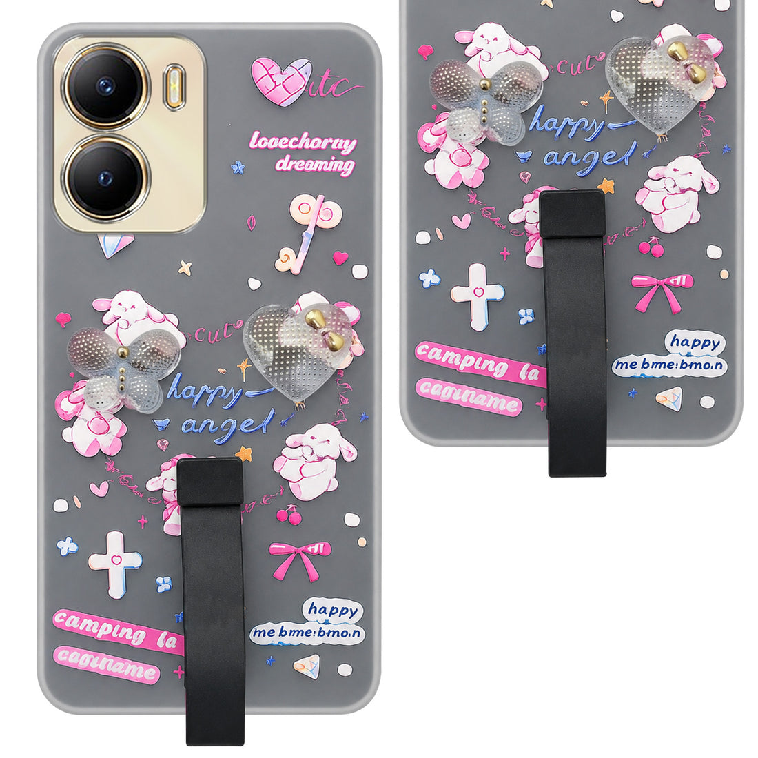 For Vivo Y56 5G Back Cover Case (3D Cute Heart Strap Holder | Camera Protection | Designer Girls Print)