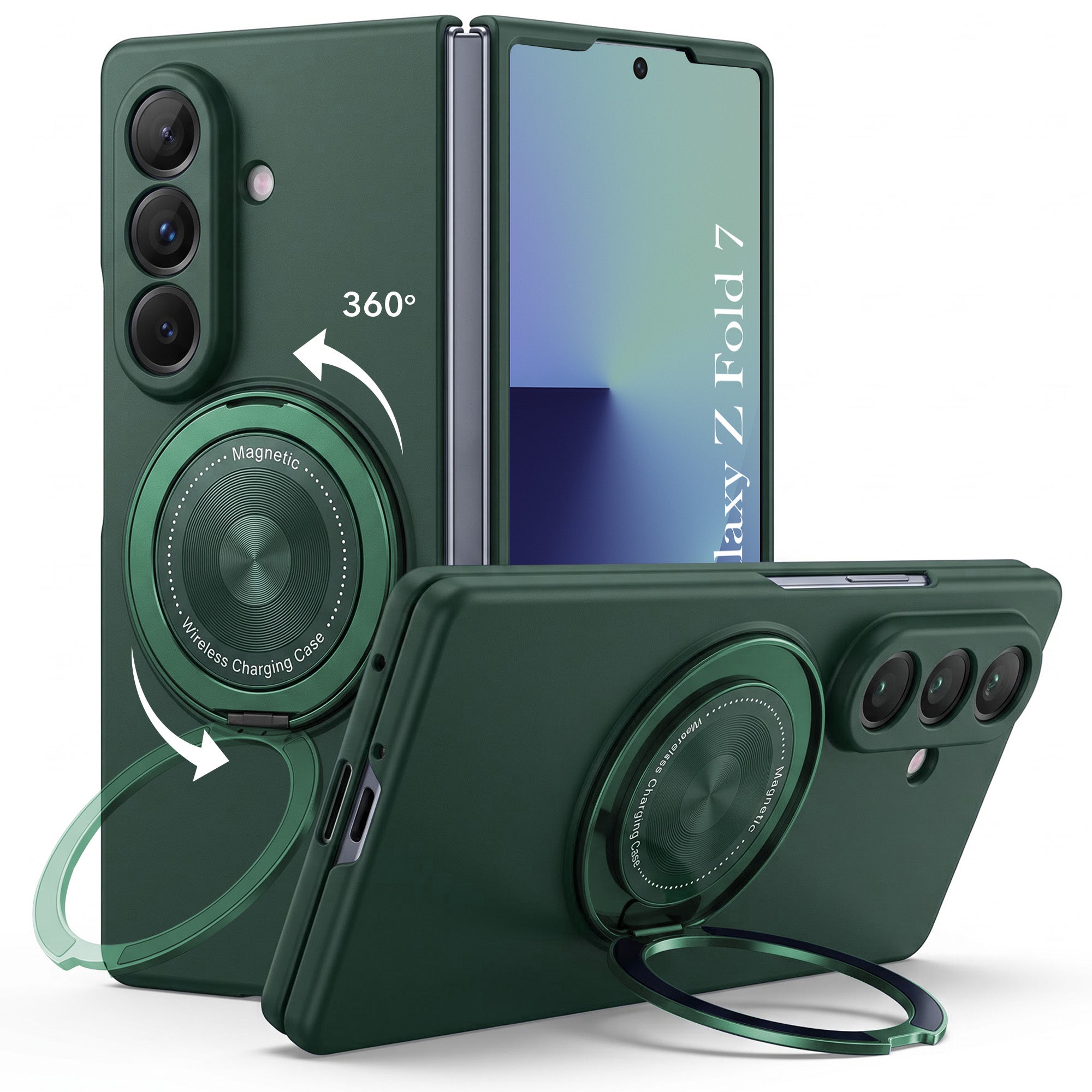For Samsung Galaxy Z Fold 7 Back Cover Case (360° Rotating Kickstand Ring | Shockproof Camera Protection | Magnetic MagSafe Wireless Charging Support)