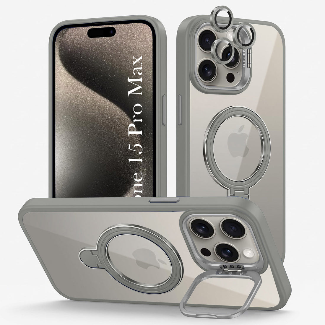 For Apple iPhone 15 Pro Max Back Cover Case Crystal (Lifetime Anti Yellow | Magnetic Ring Stand | Camera Lens Protection | MagSafe Compatible)