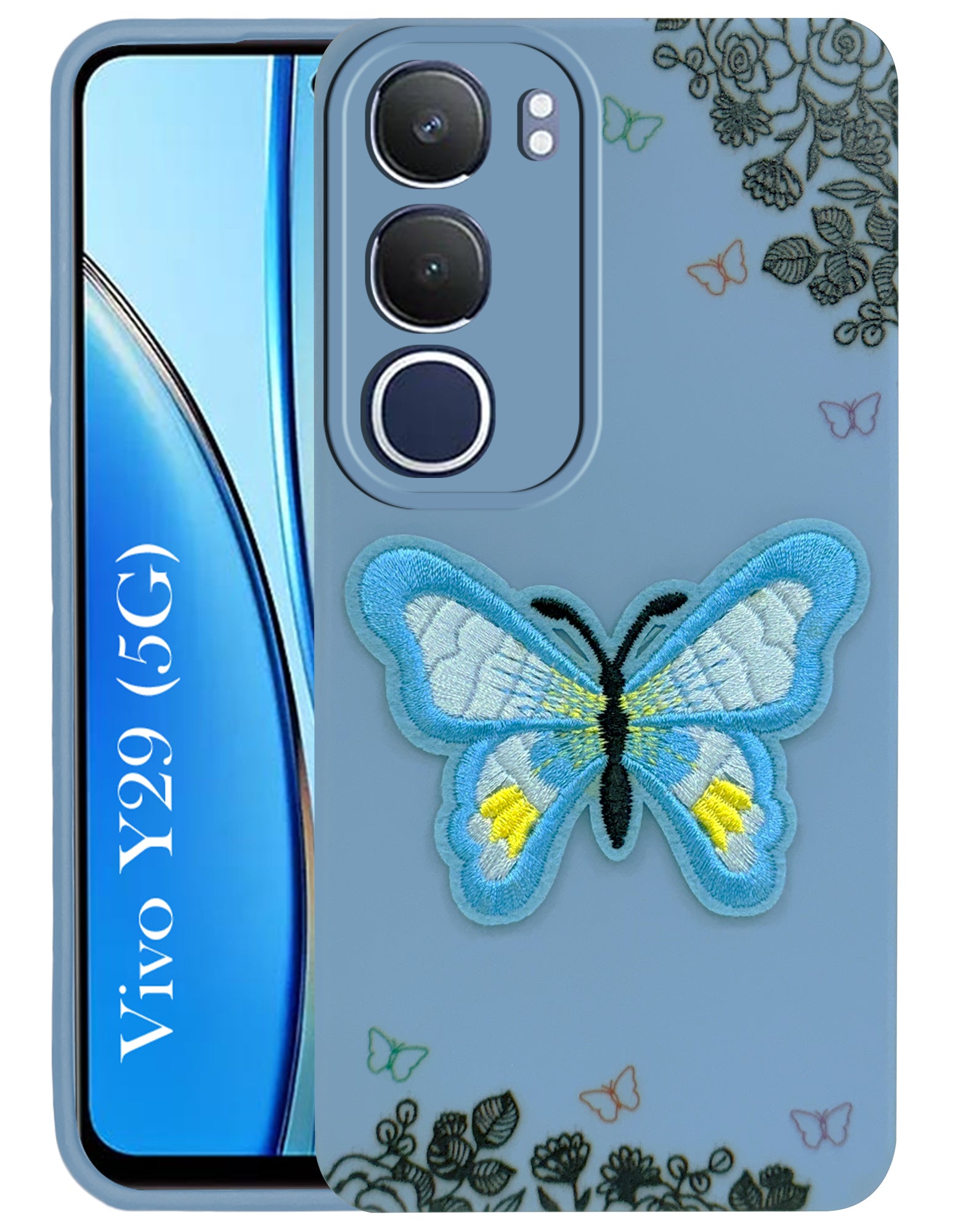 For Vivo Y29 Back Cover Case (Soft Butterfly Embroidery | Women Teen Girls | Camera Protection| Matte Silicone)