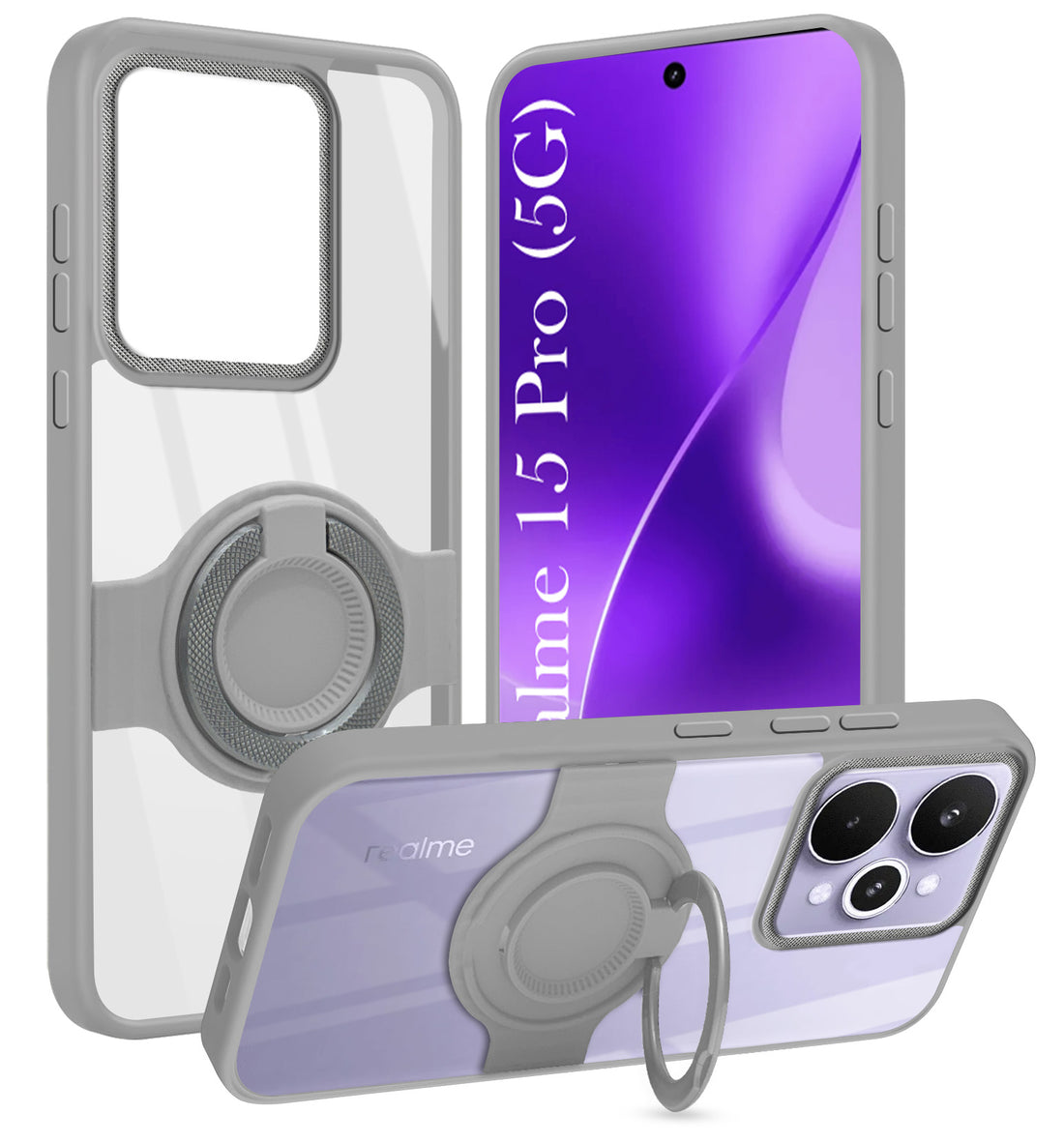 For Realme 15 Pro Back Cover Case with stand (Built-in Ring Holder Kickstand | Lifetime Anti Yellow | Camera Protection)