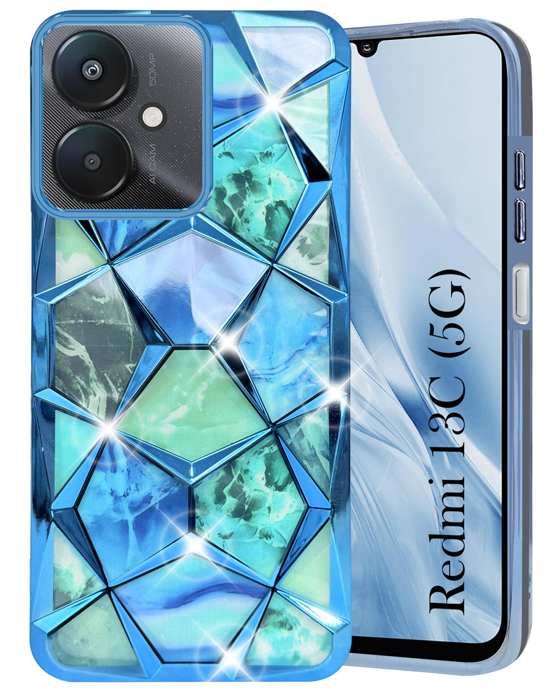 For Redmi 13C 5G Back Cover Case (Dual Design Glitter Sparkle and Detachable Diamond Print Case | Soft and Flexible)