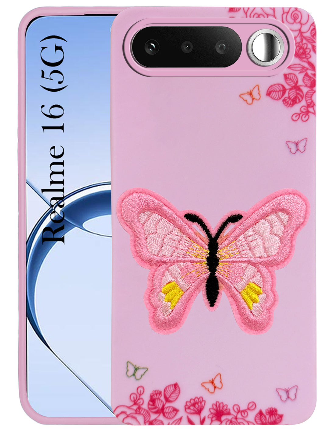 For Realme 16 Back Cover Case (Soft Butterfly Embroidery | Women Teen Girls | Camera Protection| Matte Silicone)