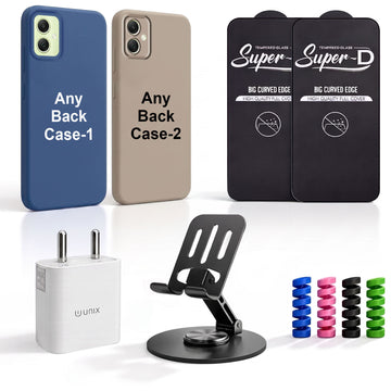 Complete Mobile Care Kit (Get Any 2 Cases+2 Tempered Glass+25W Charger Adapter+Metallic Mobile Stand+Cable Protector)