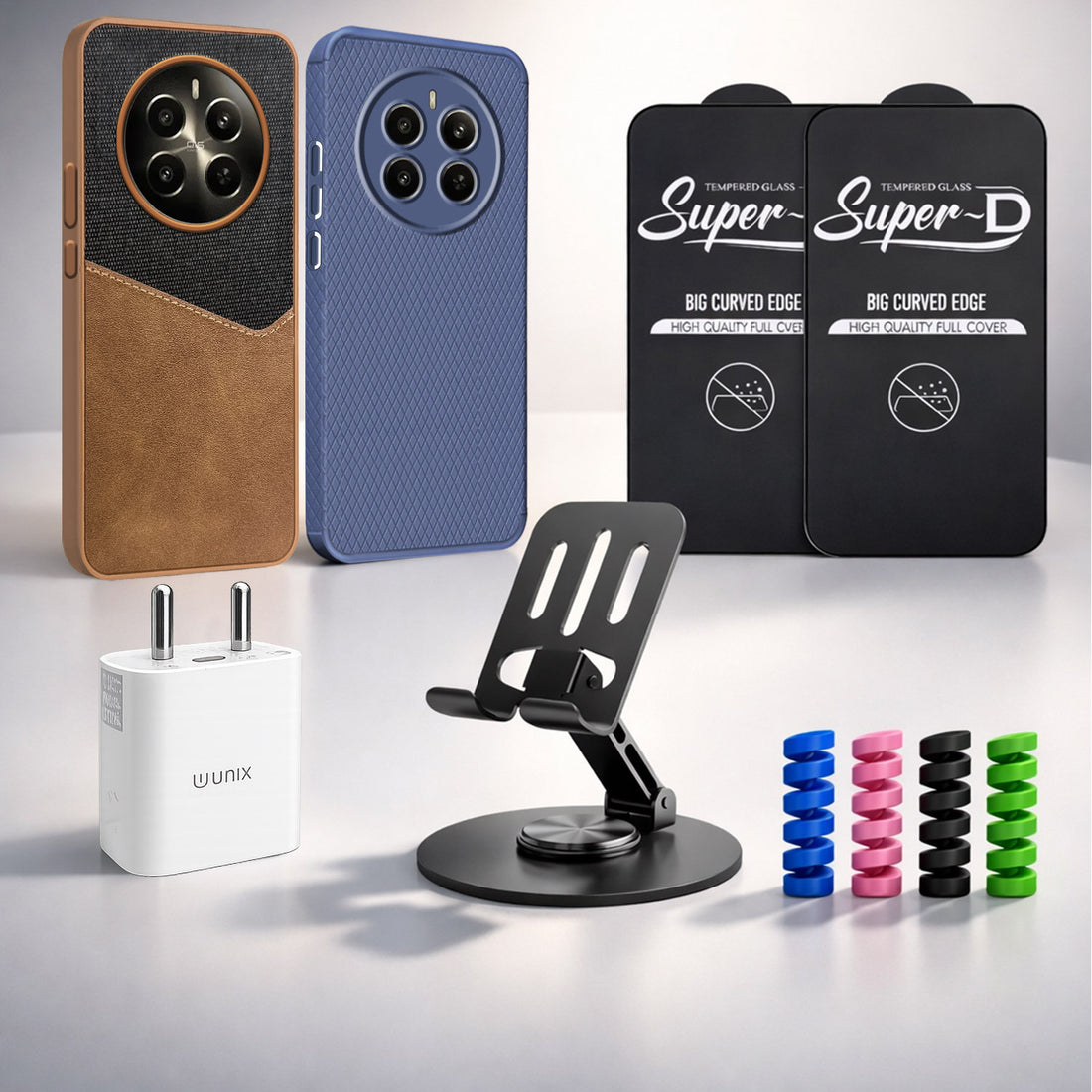 Complete Mobile Care Kit (Get Any 2 Cases+2 Tempered Glass+25W Charger Adapter+Metallic Mobile Stand+Cable Protector)
