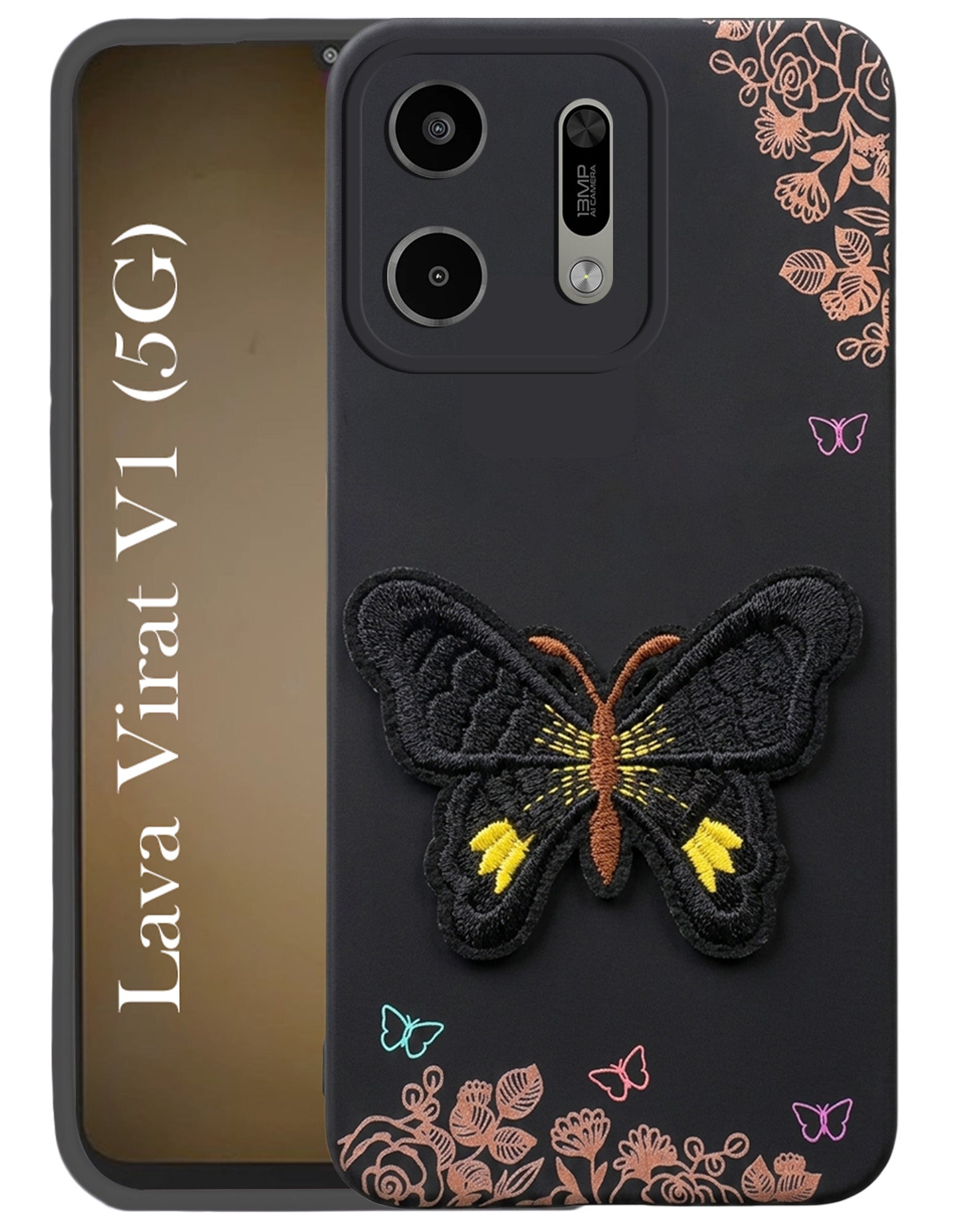 For Lava Virat V1 5G Back Cover Case (Soft Butterfly Embroidery | Women Teen Girls | Camera Protection| Matte Silicone)