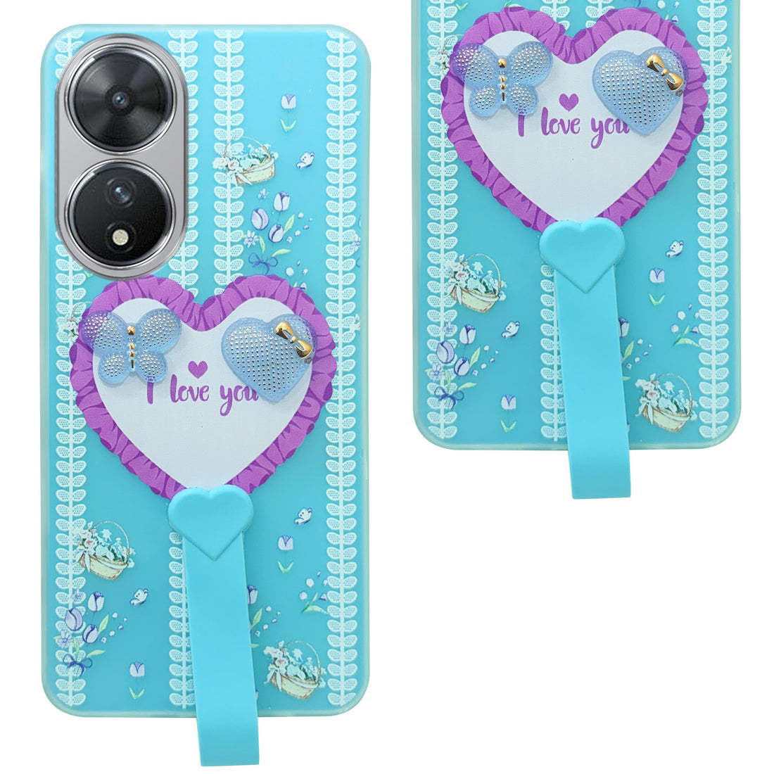 For Vivo T2 Back Cover Case (3D Cute Heart Strap Holder | Camera Protection | Designer Girls Print)