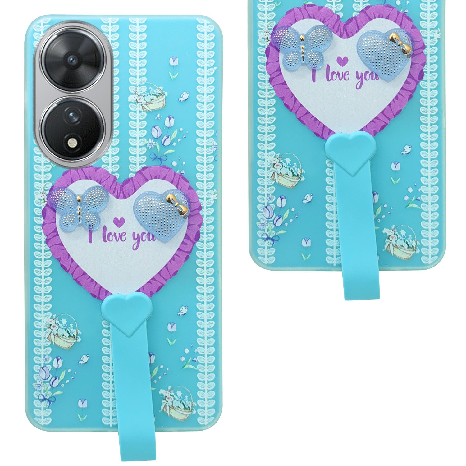 For Vivo T2 Back Cover Case (3D Cute Heart Strap Holder | Camera Protection | Designer Girls Print)