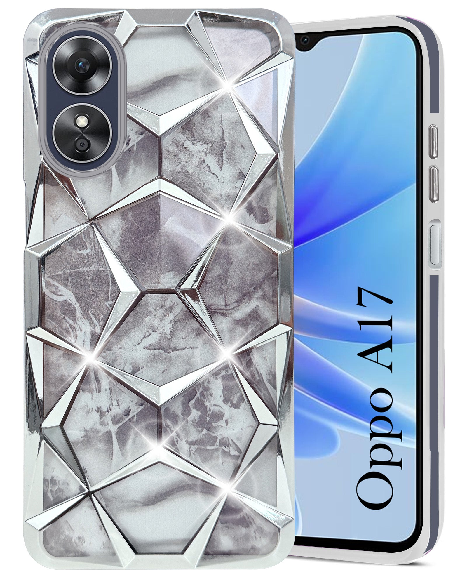 For Oppo A17 Back Cover Case Compatible 3D Silicone (Dual Design Glitter Sparkle and Detachable Diamond Print Case | Soft and Flexible)