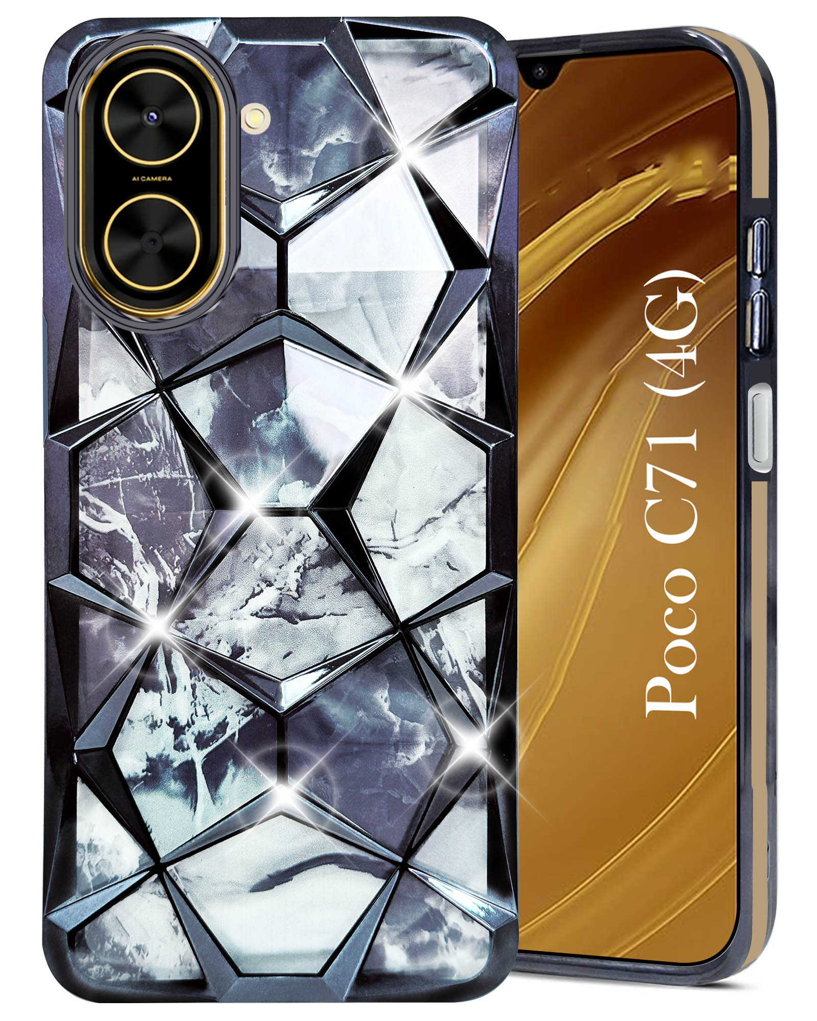 For Poco C71 Back Cover Case (Dual Design Glitter Sparkle and Detachable Diamond Print Case | Soft and Flexible)
