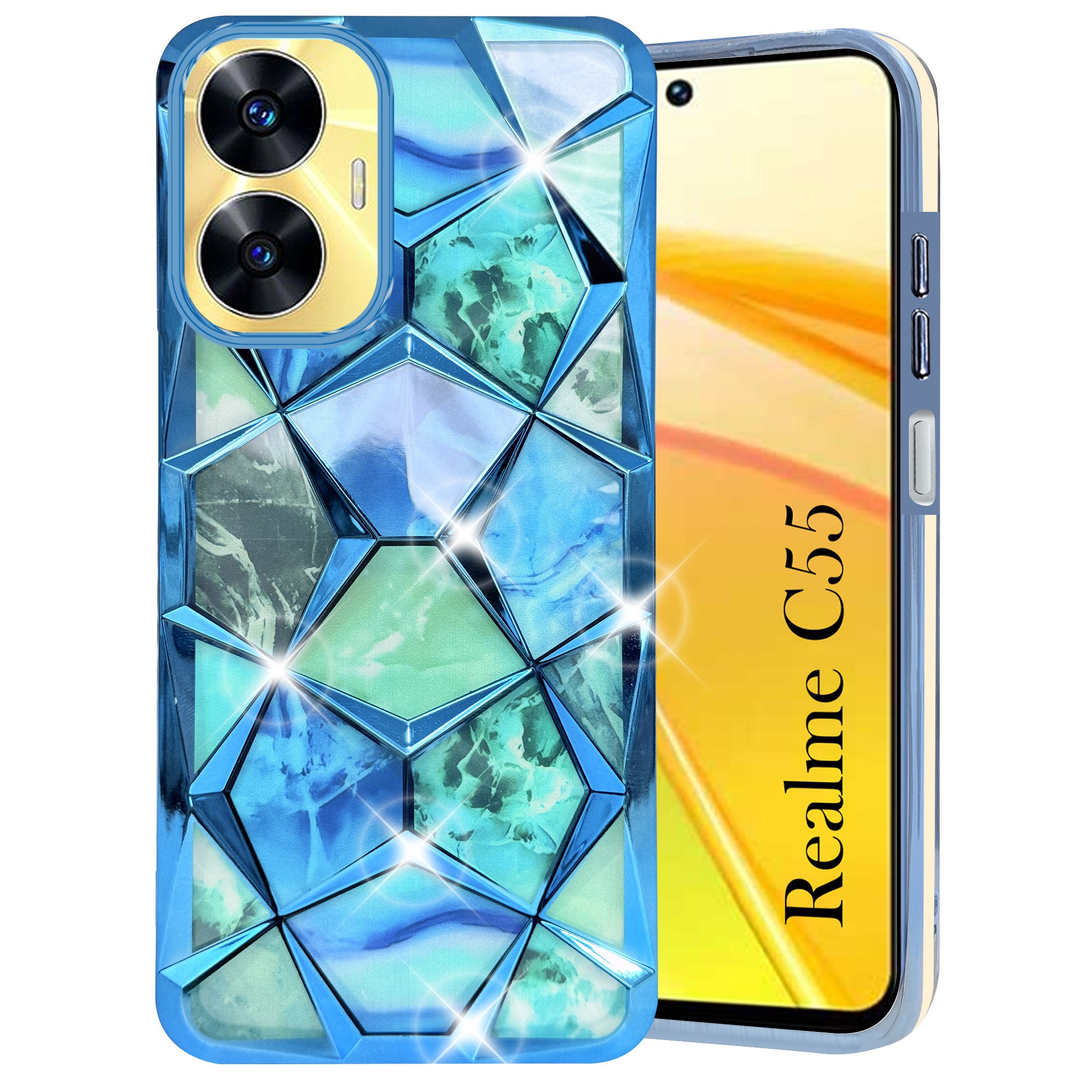 For Realme C55 Back Cover Case 3D Silicon Compatible (Dual Design Glitter Sparkle and Detachable Diamond Print Case | Soft and Flexible)