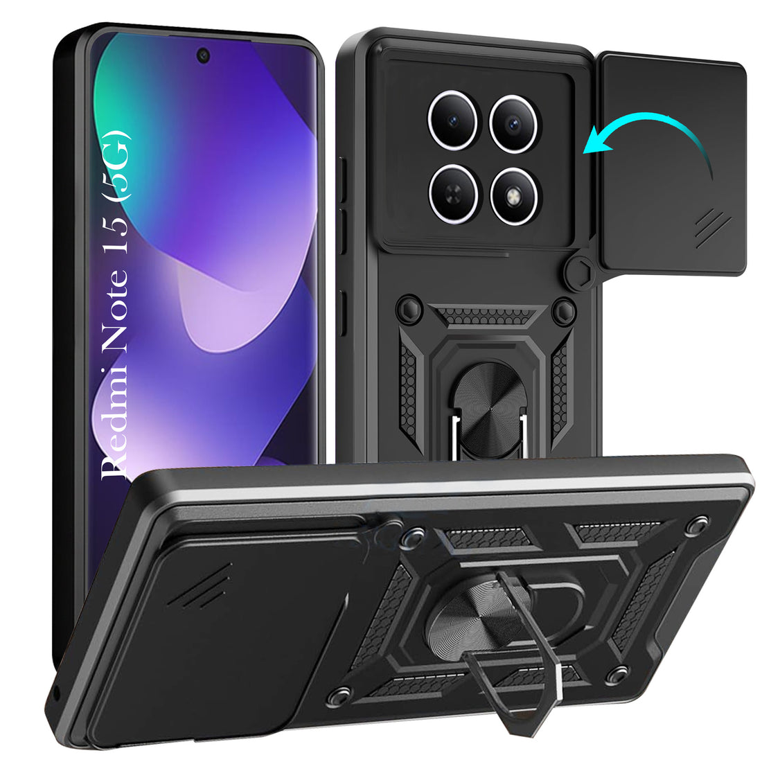 For Xiaomi Redmi Note 15 5G Back Cover Case Hybrid Armor (Sliding Shutter Camera Protection | Polycarbonate |Ring Holder Kickstand)