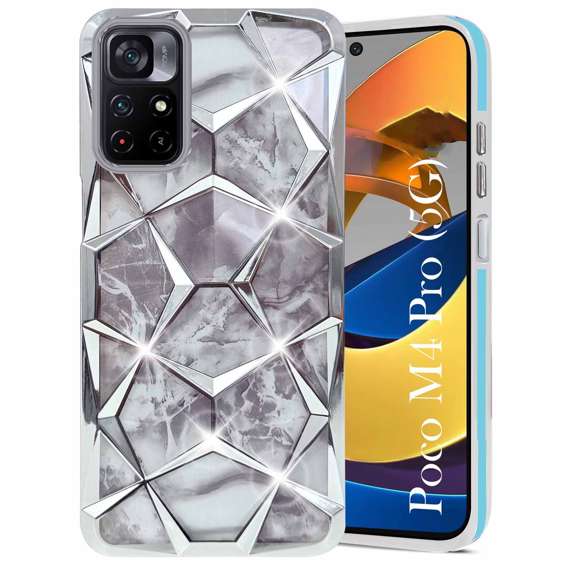 For Poco M4 Pro 5G Back Cover Case 3D Silicone Compatible (Dual Design Glitter Sparkle and Detachable Diamond Print Case | Soft and Flexible)