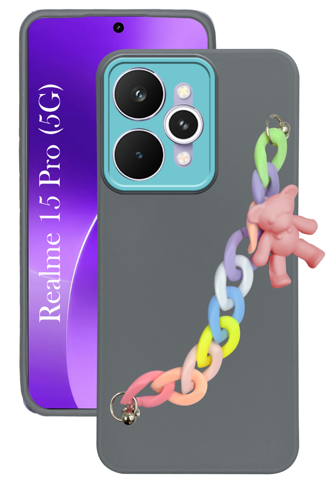 For Realme 15 Pro Back Cover Case ( Wrist Hanging Chain | Teddy Bracelet Charms | Dual Color Matte Finish | Full Camera Protection | Sleek and Professional)