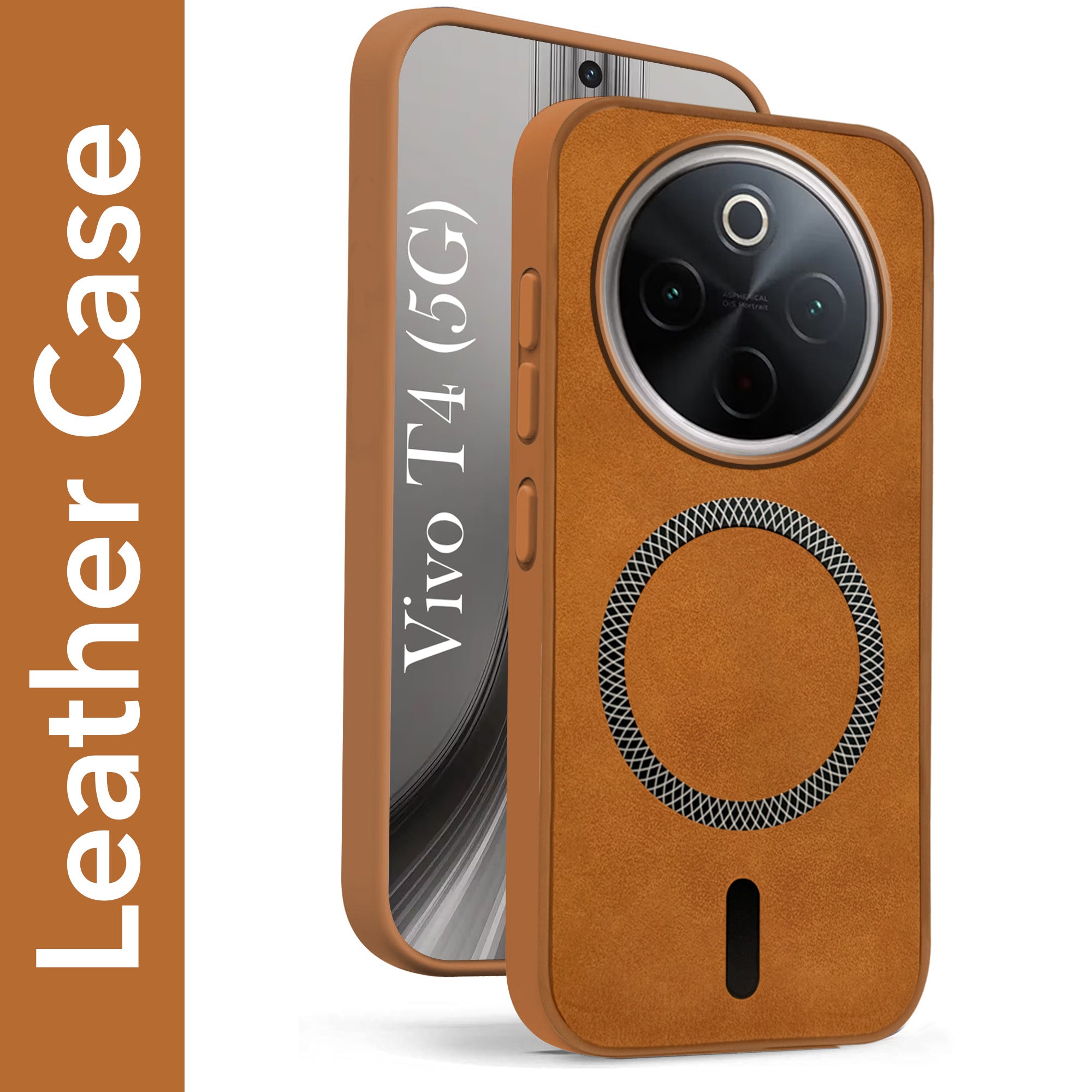 For Vivo T4 Back Cover Case Leather Finish (MagSafe Compatible Wireless Charging | Soft Touch | Camera Bump Protection)