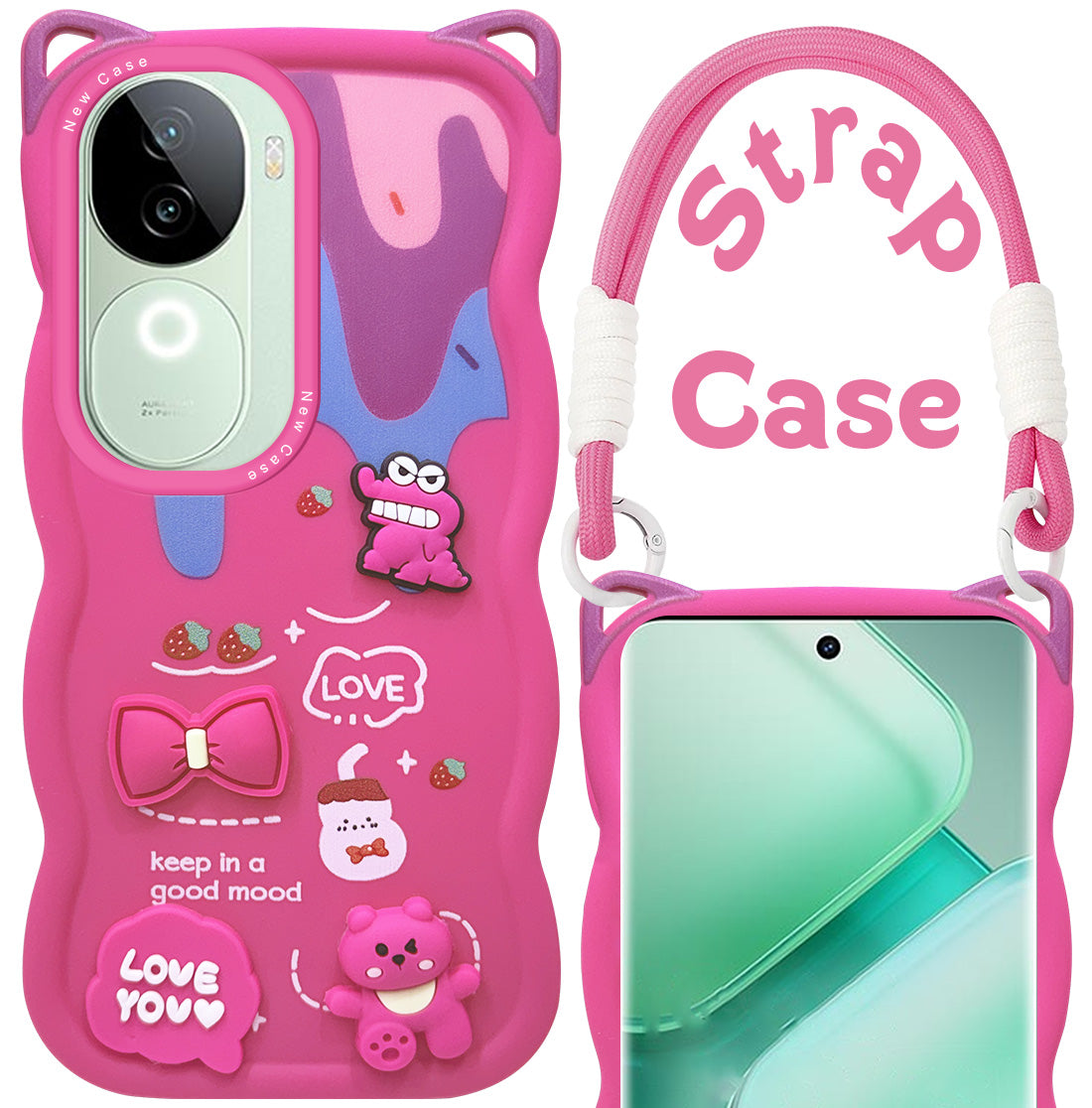 For Vivo iQOO Z9s Back Case Cover Strap (3D embossed Figures | Strap Holder | 360* Soft Cushion with Camera Bump)