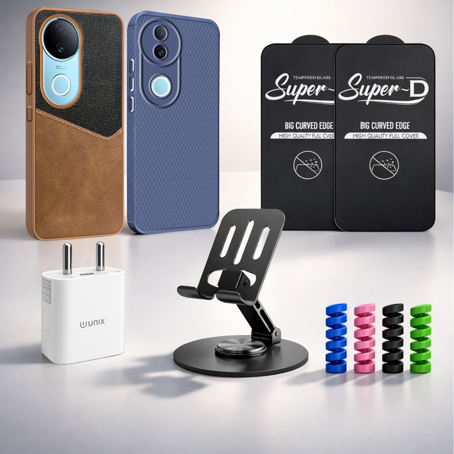 Complete Mobile Care Kit (Get Any 2 Cases+2 Tempered Glass+25W Charger Adapter+Metallic Mobile Stand+Cable Protector)
