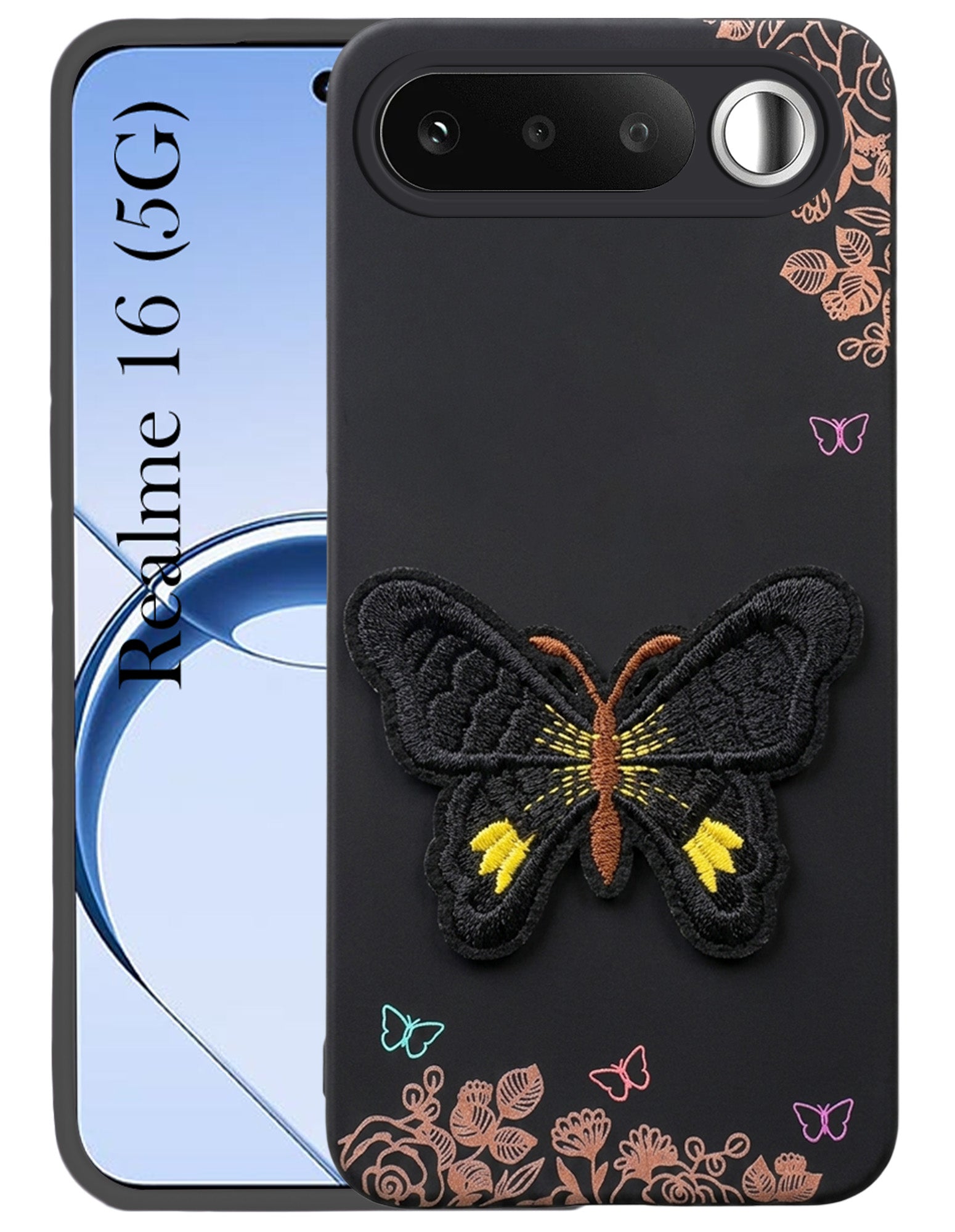 For Realme 16 Back Cover Case (Soft Butterfly Embroidery | Women Teen Girls | Camera Protection| Matte Silicone)