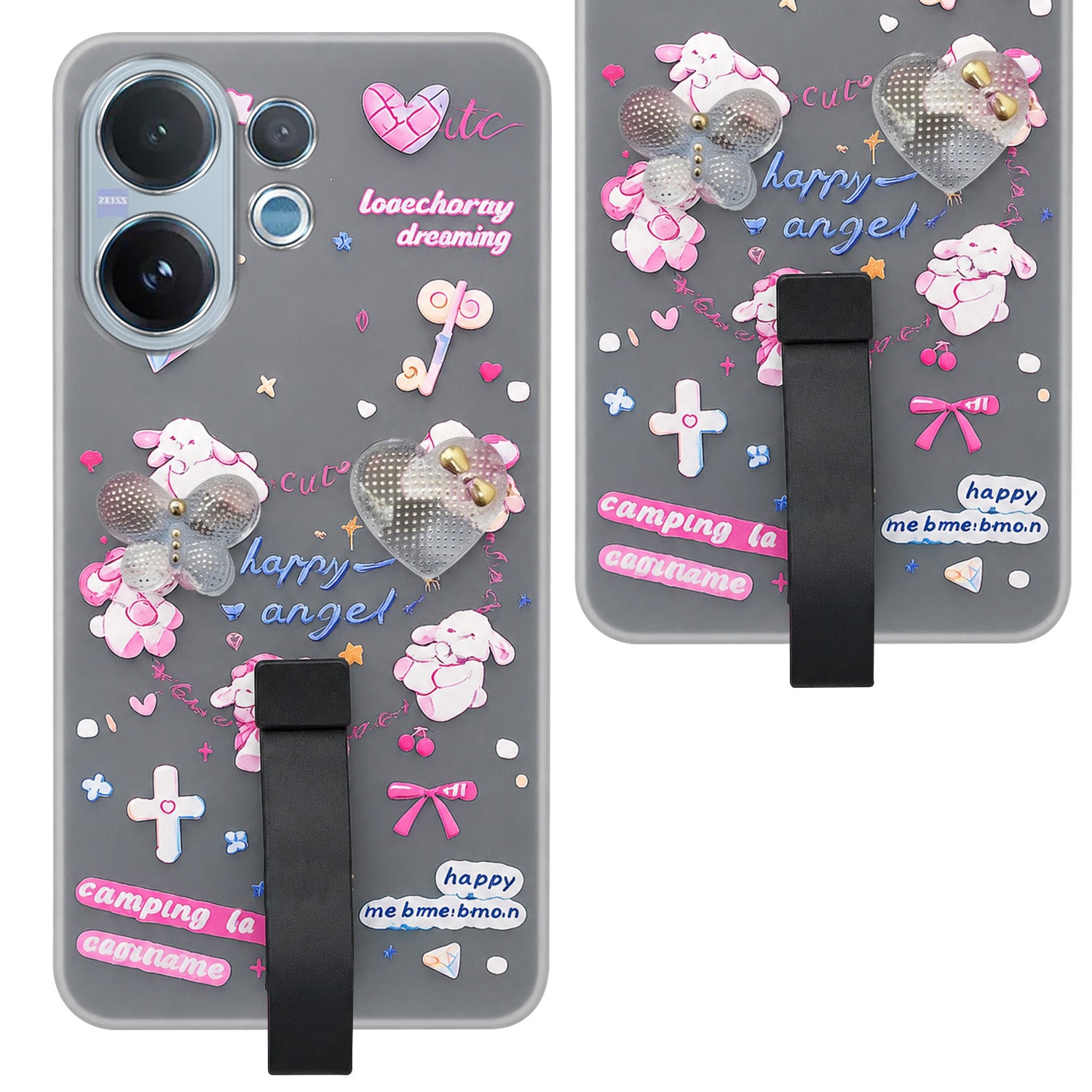 For Vivo V60 | Vivo T4 Pro Back Cover Case (3D Cute Heart Strap Holder | Camera Protection | Designer Girls Print)