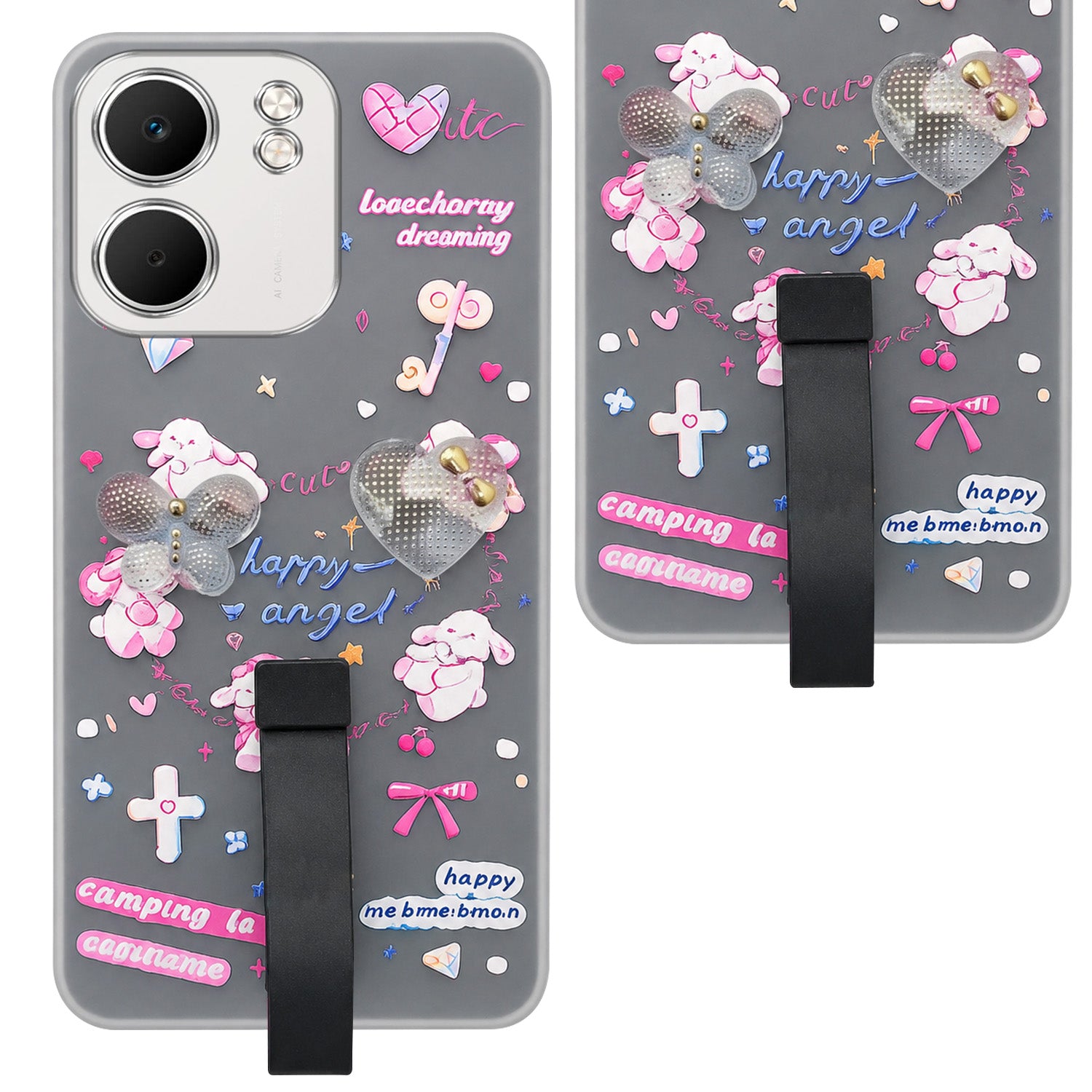 For Oppo A5X Back Cover Case (3D Cute Heart Strap Holder | Camera Protection | Designer Girls Print)