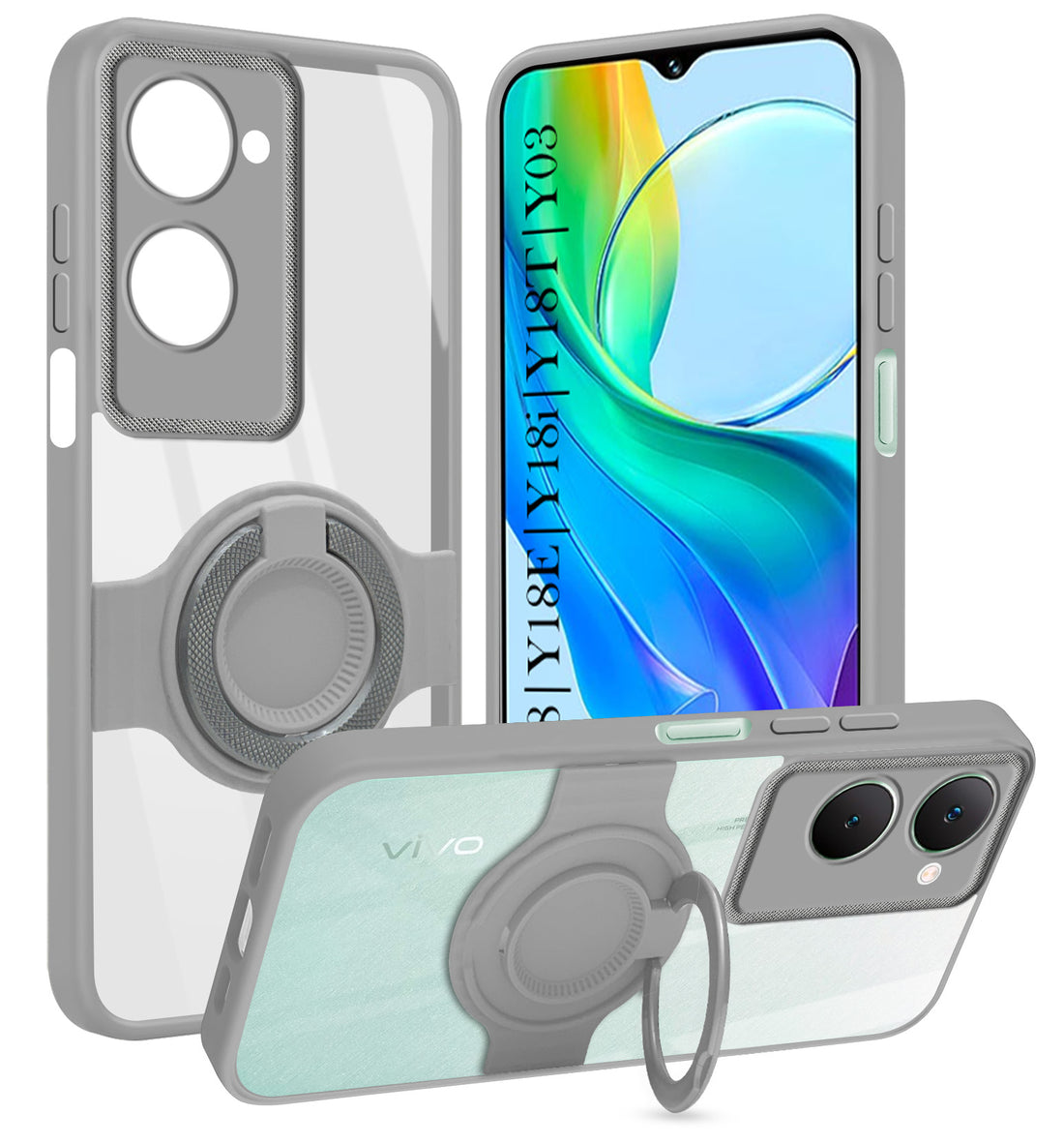 For Vivo Y18 | Y18e | Y03 | Y18i | Y18t Back Cover Case with stand (Built-in Ring Holder Kickstand | Lifetime Anti Yellow | Camera Protection)
