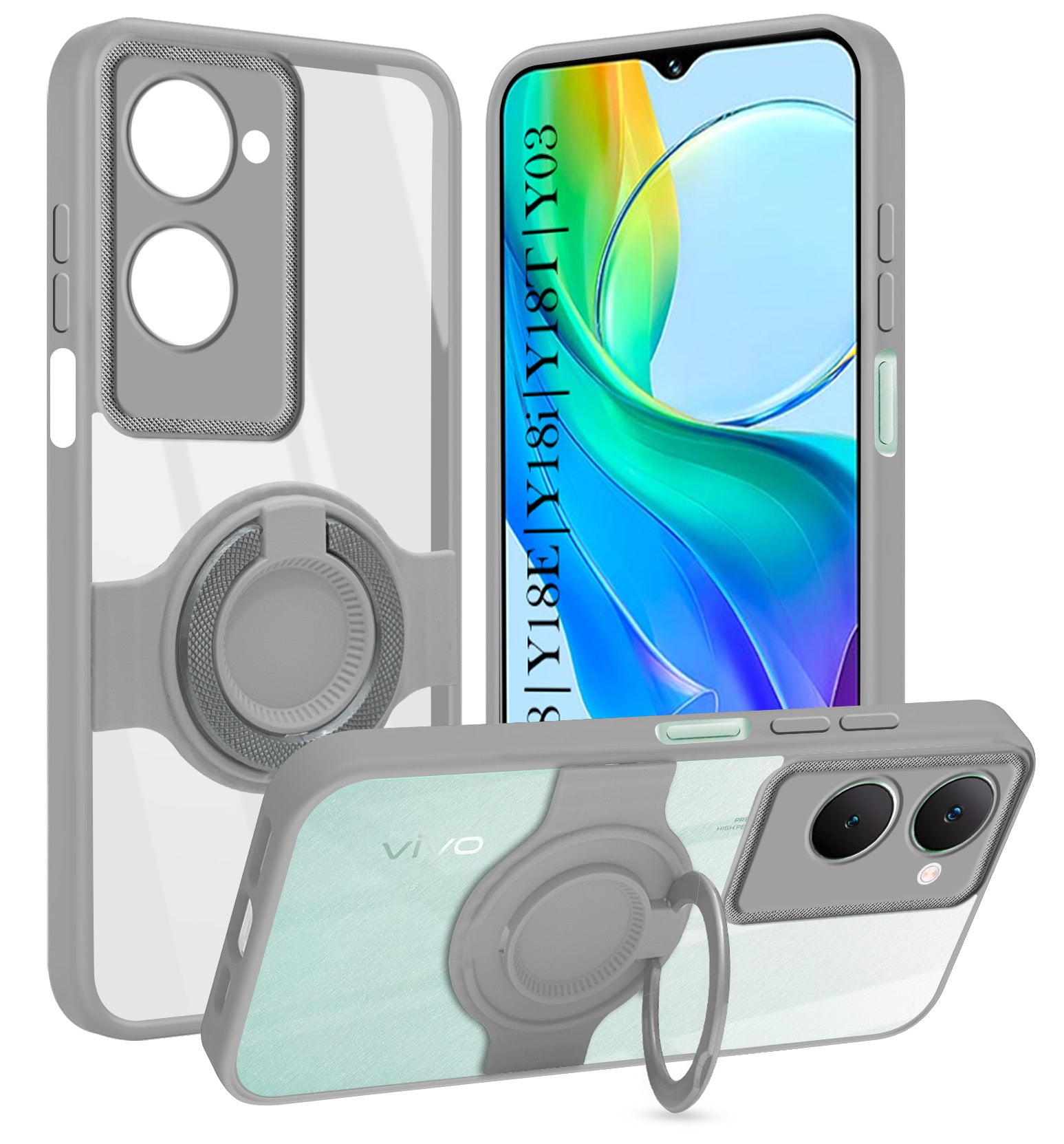 For Vivo Y18 | Y18e | Y03 | Y18i | Y18t Back Cover Case with stand (Built-in Ring Holder Kickstand | Lifetime Anti Yellow | Camera Protection)