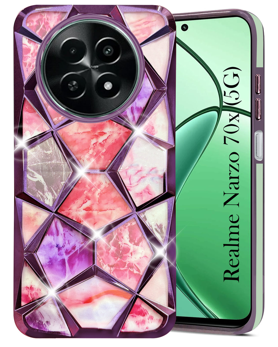 For Realme Narzo 70x 5G Back Cover Case ( Dual Design Glitter Sparkle and Detachable Diamond Print Case | Soft and Flexible)