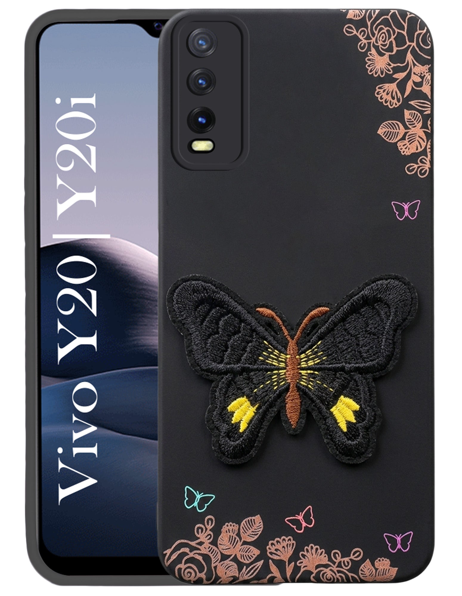 For Vivo Y20 | Y20i Back Cover Case (Soft Butterfly Embroidery | Women Teen Girls | Camera Protection| Matte Silicone)