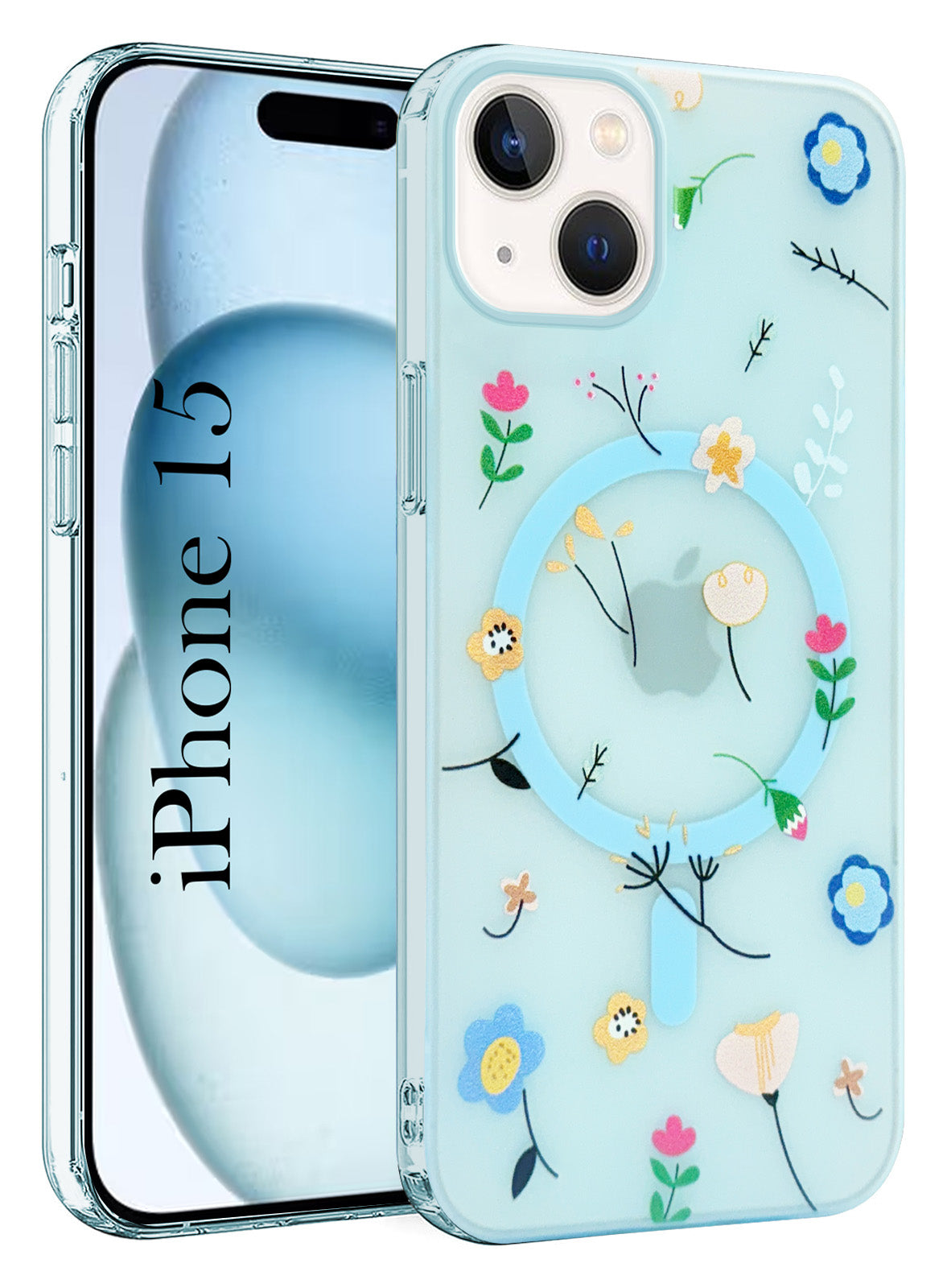 For Apple iPhone 15 Back Cover Case (Cute Floral Design | Flower Print for Girls | MagSafe Compatible Wireless Charging)