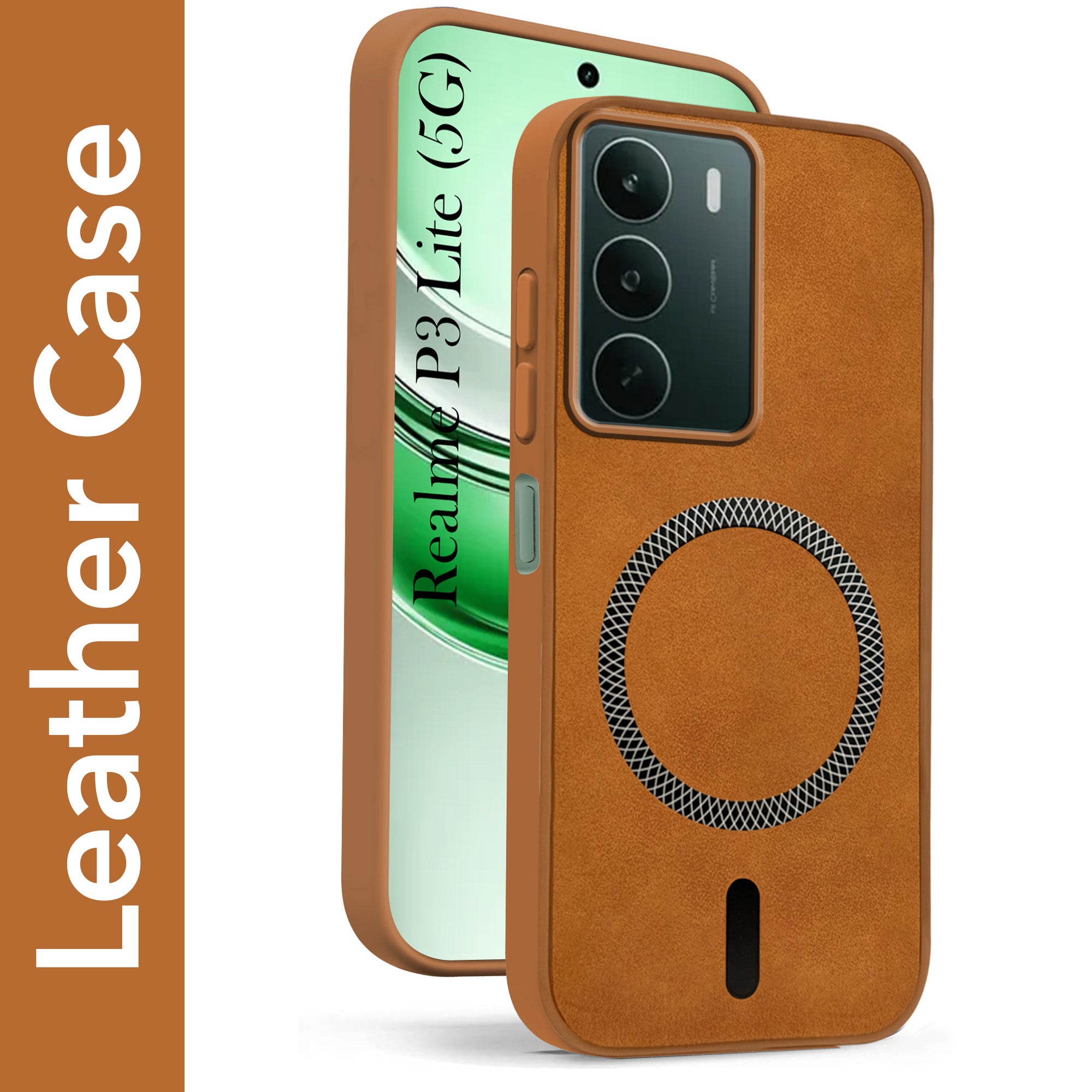 For Realme P3 lite Back Cover Case Leather Finish (MagSafe Compatible Wireless Charging | Soft Touch | Camera Bump Protection)