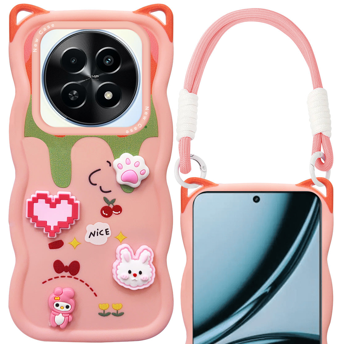 For Realme Narzo 70x 5G Back Case Cover Strap (3D Embossed Figures | Strap Holder | 360* Soft Cushion with Camera Bump)