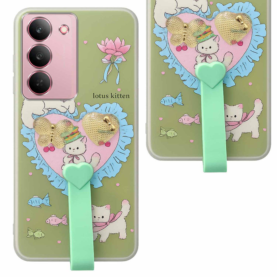 For Realme 14X Back Cover Case (3D Cute Heart Strap Holder | Camera Protection | Designer Girls Print)