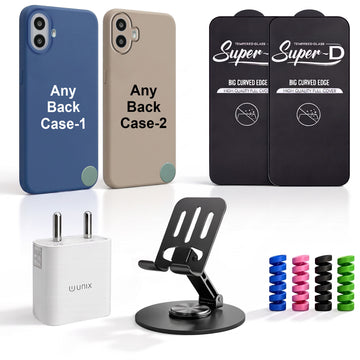 Complete Mobile Care Kit (Get Any 2 Cases+2 Tempered Glass+25W Charger Adapter+Metallic Mobile Stand+Cable Protector)