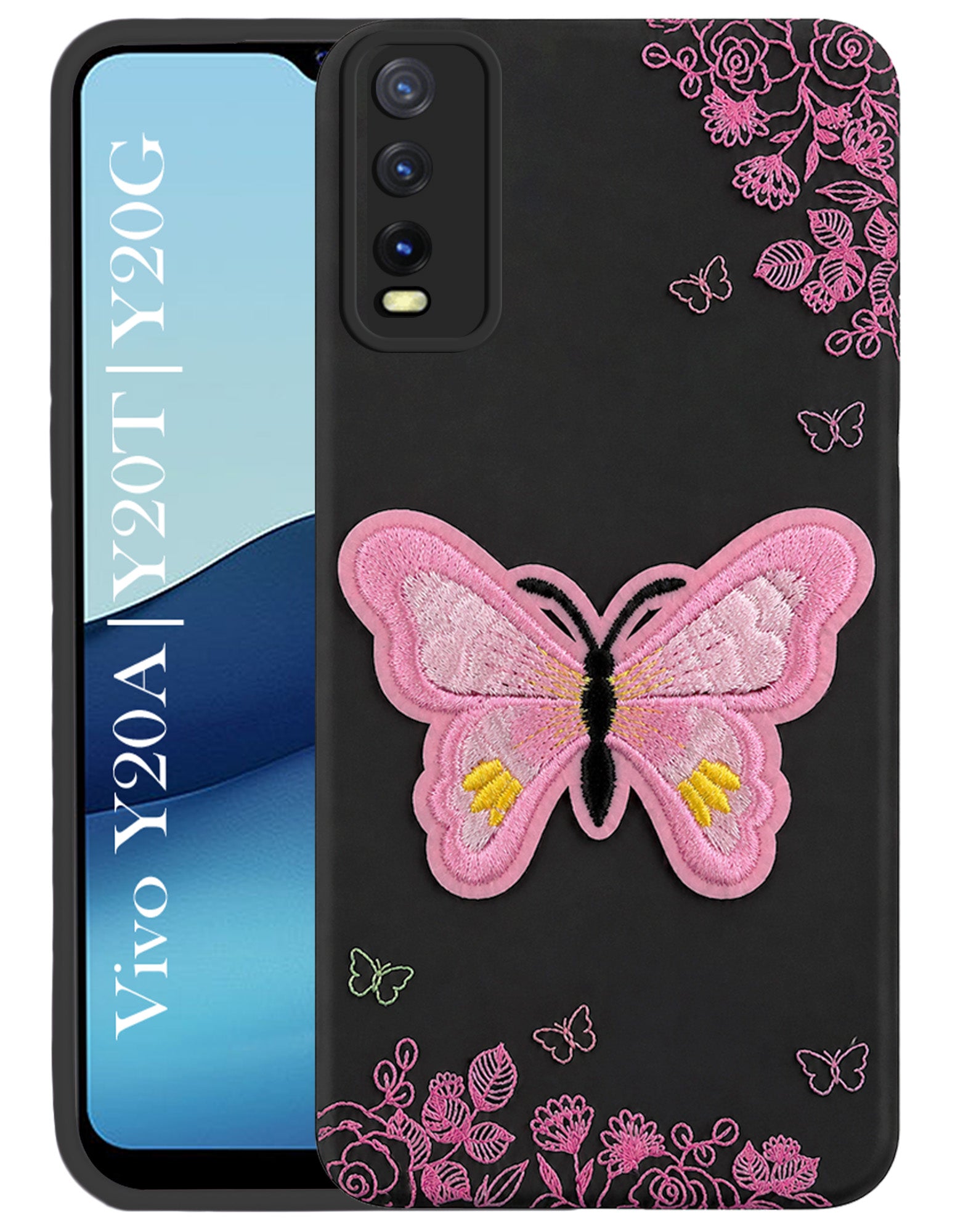 For Vivo Y20A | Y20T | Y20G Back Cover Case (Soft Butterfly Embroidery | Women Teen Girls | Camera Protection| Matte Silicone)