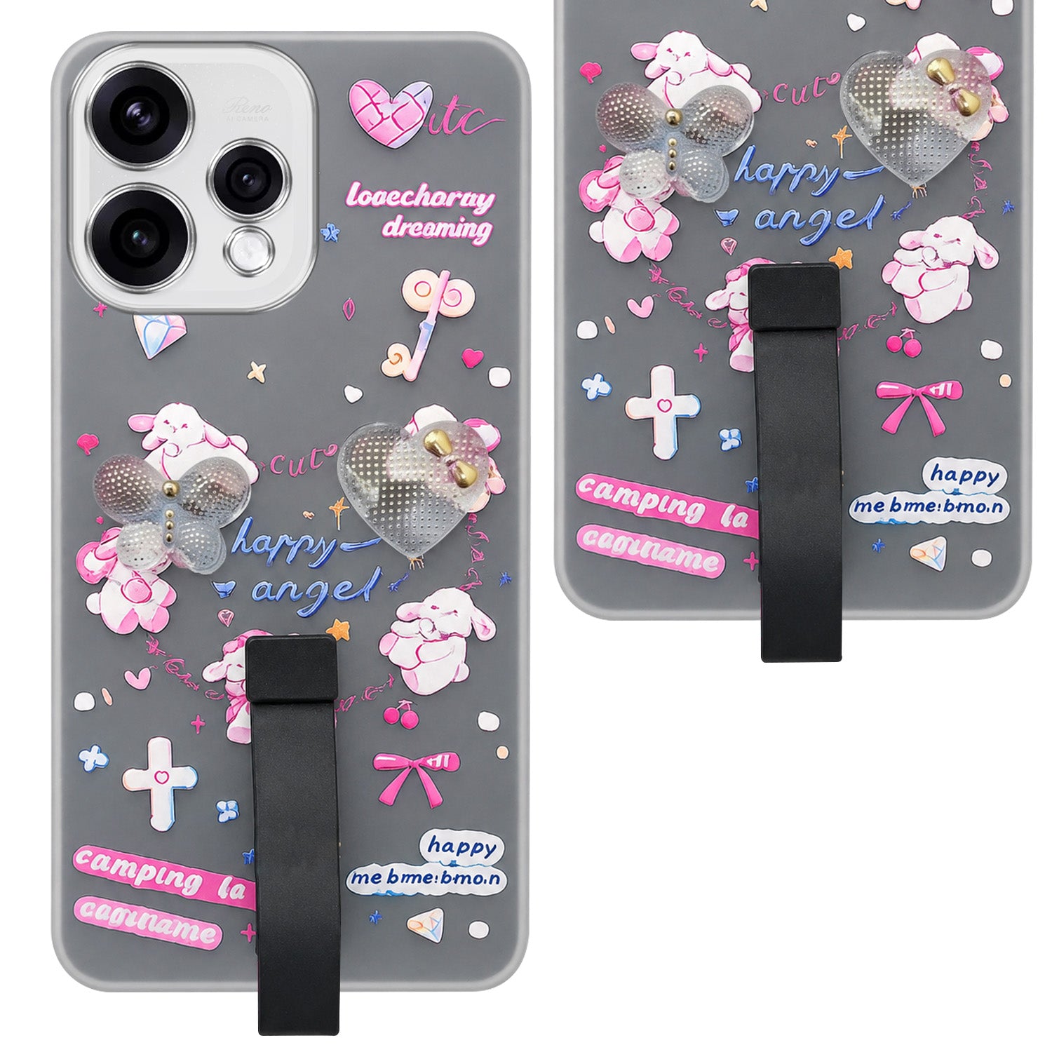 For Oppo Reno15 5G Back Cover Case (3D Cute Heart Strap Holder | Camera Protection | Designer Girls Print)