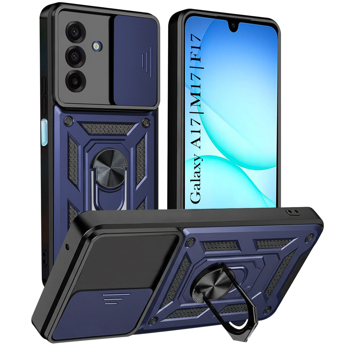 For Samsung Galaxy A17 | Samsung F17 | Samsung M17 5G Back Cover Case Hybrid Armor (Sliding Shutter Camera Protection | Polycarbonate |Ring Holder Kickstand)