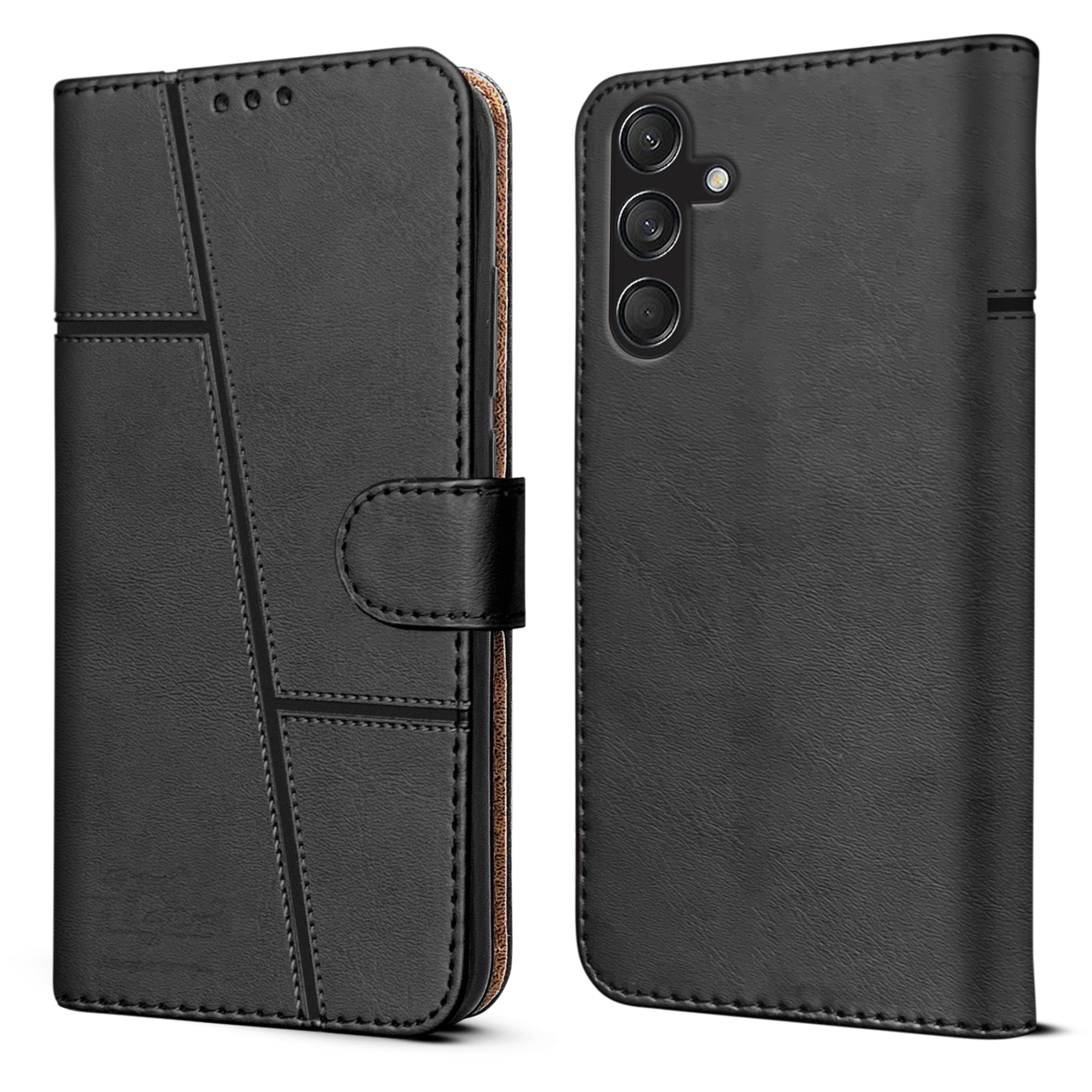 For Samsung Galaxy F55 5G | M55 5G Flip Cover Case (Stitched Leather with Magnetic Closure | Black)