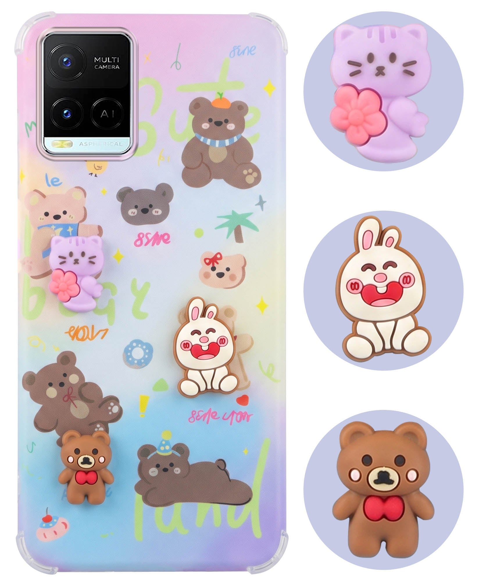 For Vivo Y21 2021 Back Cover Case (3D Cute Cartoons | Hard Back Side Soft | Matte Premium Finish | HD Printing)
