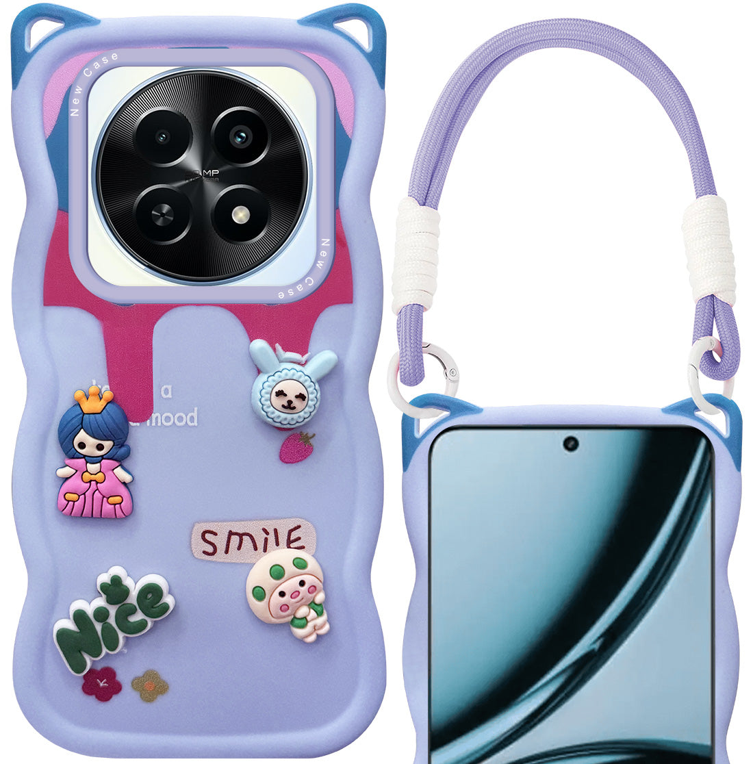 For Realme Narzo 70x 5G Back Case Cover Strap (3D Embossed Figures | Strap Holder | 360* Soft Cushion with Camera Bump)