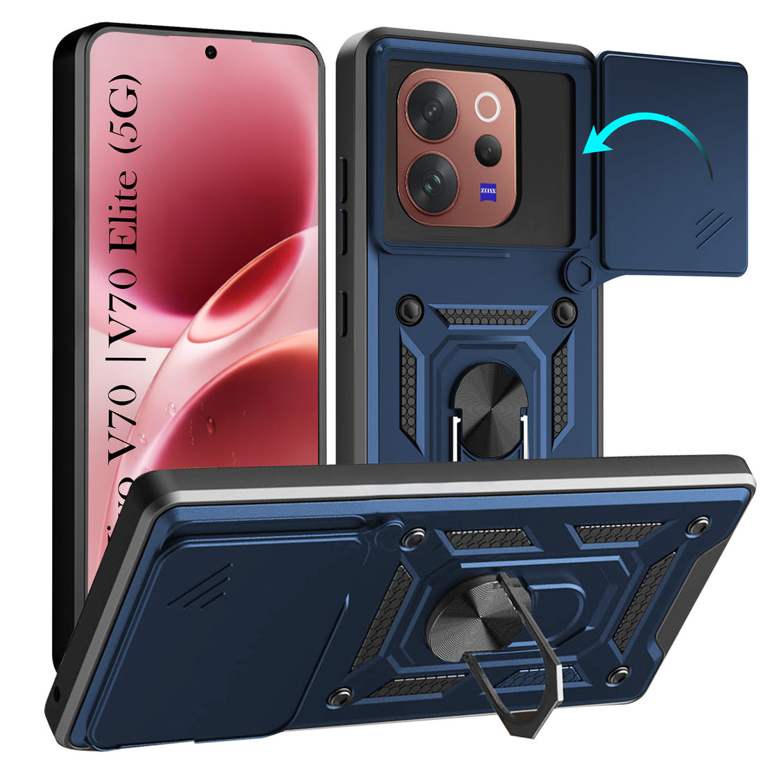 For Vivo V70 | Vivo V70 Elite 5G Back Cover Case Hybrid Armor (Sliding Shutter Camera Protection | Polycarbonate |Ring Holder Kickstand)