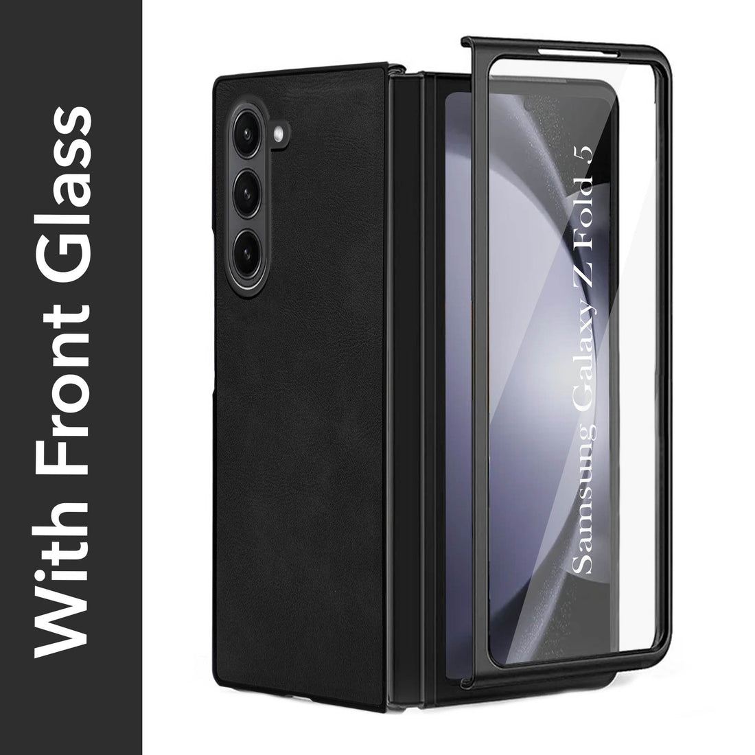 For Samsung Galaxy Z Fold 5 5G Back Cover Front Glass Leather (Full Body Case | Built-in Screen Protector | Inside Fiber Cloth | Minimalist Professional)