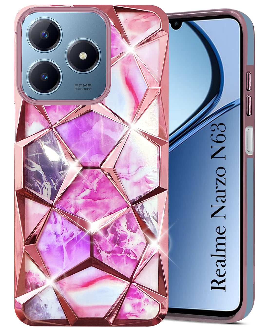 For  Realme Narzo N63 Back Cover Case ( Dual Design Glitter Sparkle and Detachable Diamond Print Case | Soft and Flexible)