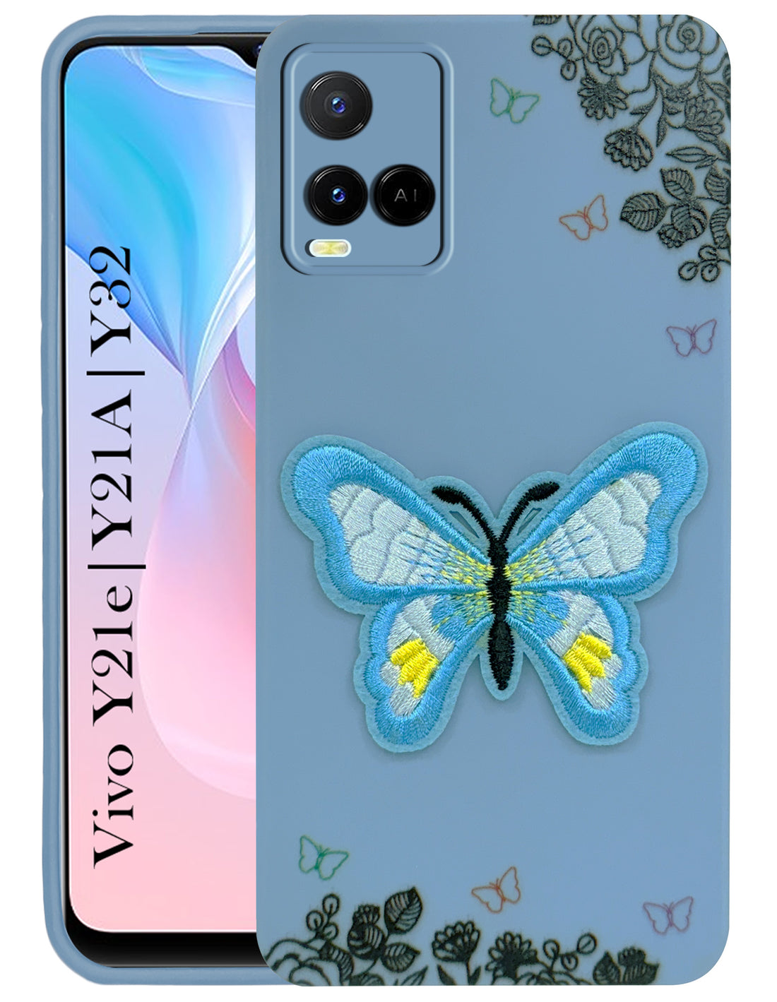 For Vivo Y21e | Vivo Y21A | Vivo Y32 Back Cover Case (Soft Butterfly Embroidery | Women Teen Girls | Camera Protection| Matte Silicone)