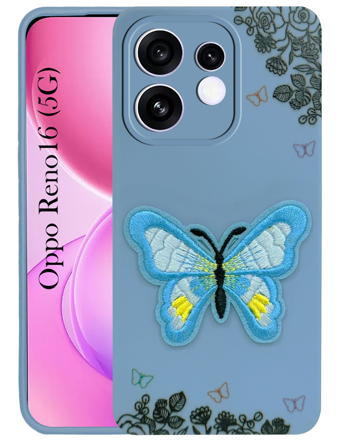 For Oppo Reno 16 Back Cover Case (Soft Butterfly Embroidery | Women Teen Girls | Camera Protection| Matte Silicone)