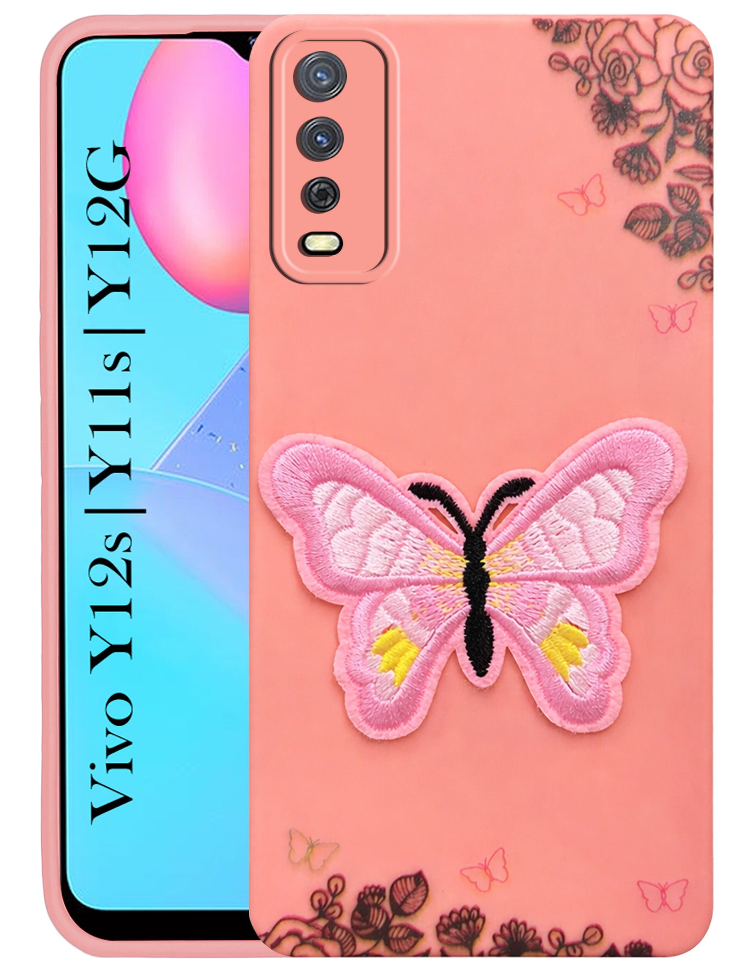 For Vivo Y12s | Y11s | Y12G Back Cover Case (Soft Butterfly Embroidery | Women Teen Girls | Camera Protection| Matte Silicone)